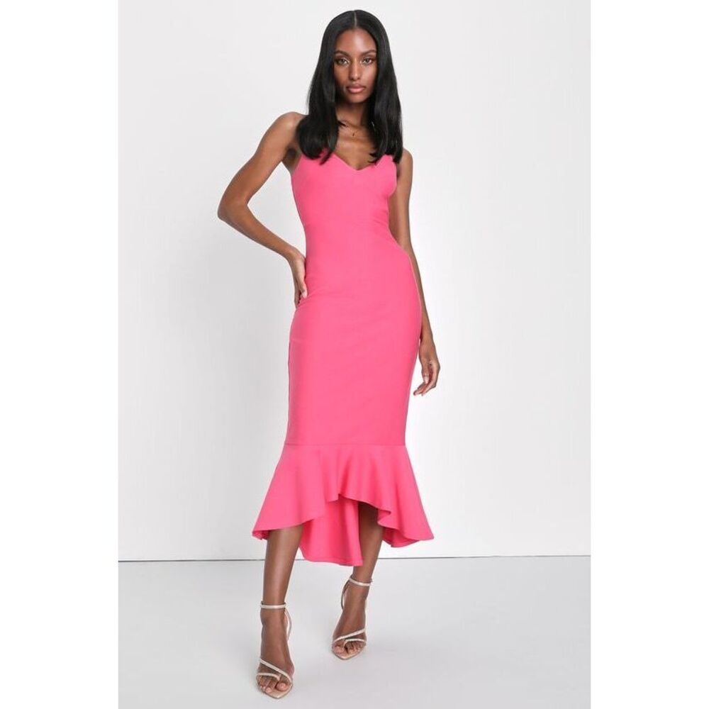 Lulus Stun Like Me Hot Pink Bodycon Trumpet Hem Midi Dress - Size XS